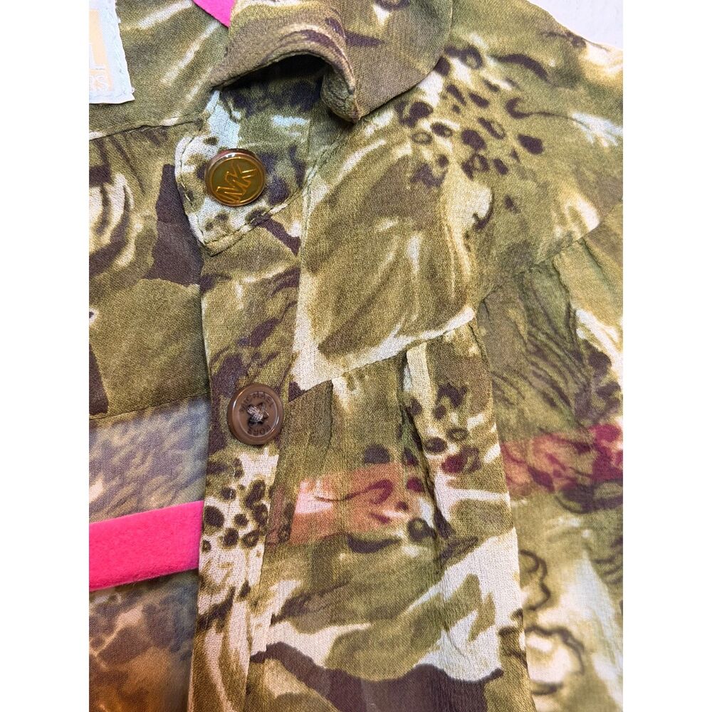 MICHAEL Michael Kors Sheer Floral Blouse Sz 2 Green Button Up Balloon Sleeve Top - Picture 6 of 9